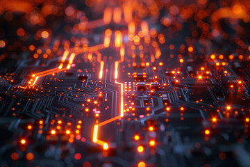 Poster - A close-up view of a circuit board, with paths of data illustrated as streams of light moving through a maze of electronic components,