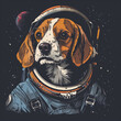 Illustration of a beagle in an astronaut suit against a starry space backdrop.