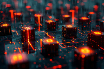 Aufkleber - A network security visualization, with firewalls and security protocols illustrated as barriers in a network maze,