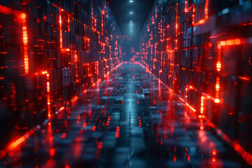 Aufkleber - A network security visualization, with firewalls and security protocols illustrated as barriers in a network maze,