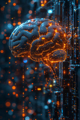 Aufkleber - A futuristic neural interface, showing connections between a human brain and a computer, with data streams visualized as flowing energy,