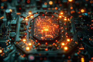 Aufkleber - An artistic interpretation of a quantum computer chip, with qubits visualized as interconnected nodes pulsating with light,