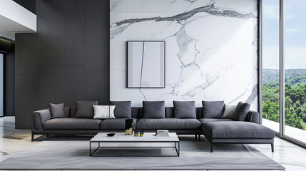 Wall Mural - Minimalist living room with clean lines and understated elegance. Charcoal gray sofa against white marble wall, modern coffee table, floor-to-ceiling windows blur indoor/outdoor boundaries