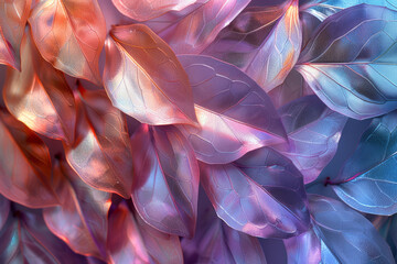 Poster - a seamless pattern of overlapping holographic leaves, reflecting a spectrum of colors with a metalli