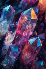 Poster - A collection of holographic crystals, each facet glowing with light and casting colorful shadows,
