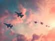 A silhouette of fighter jets in formation against the backdrop of an evening sky with soft pastel clouds