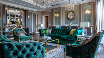 Poster - Glamorous Hollywood Regency living room with luxe finishes. Emerald green velvet sofa, coordinating armchairs, mirrored coffee table, crystal chandelier, metallic wallpaper.