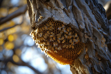 Bees nesting in a big tree in beautiful nature.