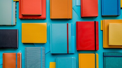 Wall Mural - Top view of notebooks and books arranged in minimalist style on a table