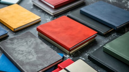 Wall Mural - Top view of notebooks and books arranged in minimalist style on a table