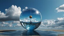 A Sphere Shaped Like A Drought, With The Lower Part Resembling Water, A Dripping Drop Falls From The Sphere, Set Against A Blue Sky With White Clouds, Surrealism Art
