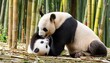 Panda Bear Cub Frolicking with Mother 