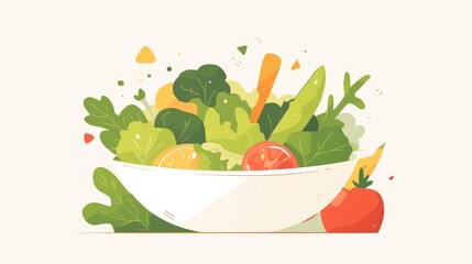 Wall Mural - An appetizing Caesar salad recipe featuring a colorful cartoon icon of fresh vegetables in a trendy flat 2d style set against a crisp white background