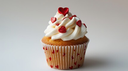 Wall Mural - A Valentine s Day cupcake adorned with sweet sugar hearts stands out against a white backdrop