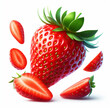 Ripe strawberry cut into pieces on white background. Fruits and healthy food