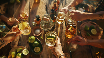 An elegant tequila tasting setup with various bottles, lime slices, and salt on a rustic wooden table, surrounded by a group of people toasting to Cinco de Mayo. , natural light, s