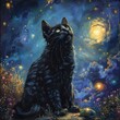 A mystical black cat sits on a rock in a field of flowers, looking up at a bright full moon in a starry night sky.