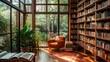 a room with a lot of books and a chair in it and a big window with lots of plants