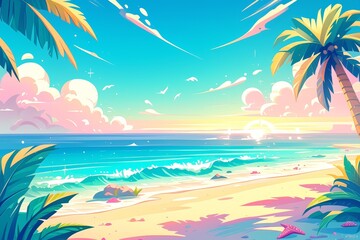 Wall Mural - Illustration of a beach with waves and sunset, in a cartoon style