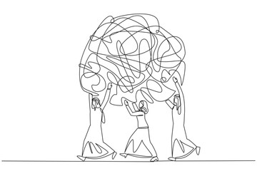 Wall Mural - Single continuous line drawing a group of Arab businessmen and Arab businesswomen work together carrying heavy messy circle. Keep anxiety away. Relieve stress. One line design vector illustration