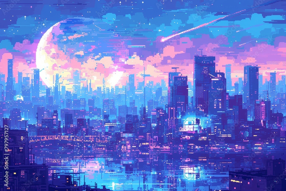 pixel art of the city skyline at night with a planet in the sky Stock ...