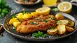 Plate of Fried Fish With Potatoes and Lemons