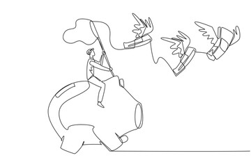 Poster - continuous one line drawing businessman riding piggy bank catching flying banknotes. hit by financia