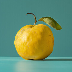 Wall Mural - A quince with an open leaf on the top, against a blue background-Enhanced