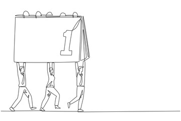 Poster - single continuous line drawing a group of businessmen and businesswomen work together carrying a des