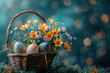 Easter eggs in a basket with colorful flowers 