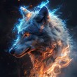 A majestic wolf fenrir with blue and orange flames for fur stands tall, staring at the viewer with its piercing yellow eyes.