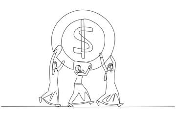Poster - Single continuous line drawing group of Arab businessmen and Arab businesswomen work together carry a dollar symbol coin. Small capital for large profits. Success. One line design vector illustration