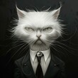 A white cat wearing a suit and tie, with a serious expression on its face