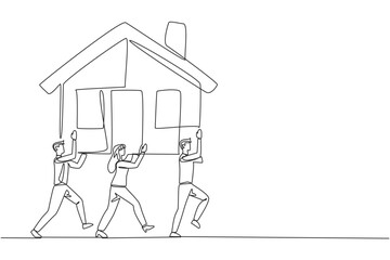 Poster - single continuous line drawing a group of businessmen and businesswomen work together carrying a min