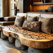 interior design inspired by nature. Natural materials. Wooden bench with stone legs and linen cushions