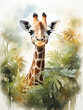 Watercolor cute giraffe portrait with leaves illustration