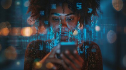 Wall Mural - Woman Interacting with Smartphone Data