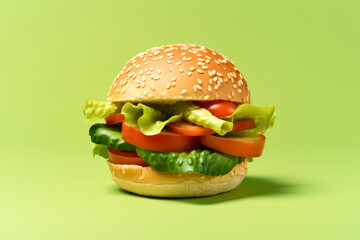 Wall Mural - A hamburger with lettuce and tomato on a green background. The hamburger is a close up of the bun and the toppings