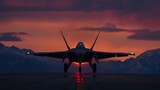 Fototapeta  - Breathtaking shot of an F22 Raptor landing gracefully at duskthe landing gear perfectly touching downwith a background of mountains silhouetted against a twilight sky.