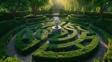 A Classic Sundial In The Center Of A Formal Garden Maze With Manicured Hedges