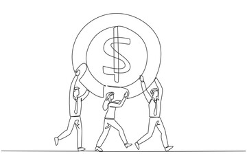 Poster - Single one line drawing group of businessmen and businesswomen work together carrying a dollar symbol coin. Cash. Bonus. Success. Amazing achievement. Continuous line design graphic illustration