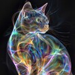 A digital painting of a cat made of rainbow light.