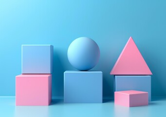 Canvas Print - b'Blue and pink pastel geometric shapes still life'