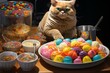 b'A ginger cat sitting on a table full of colorful candies'