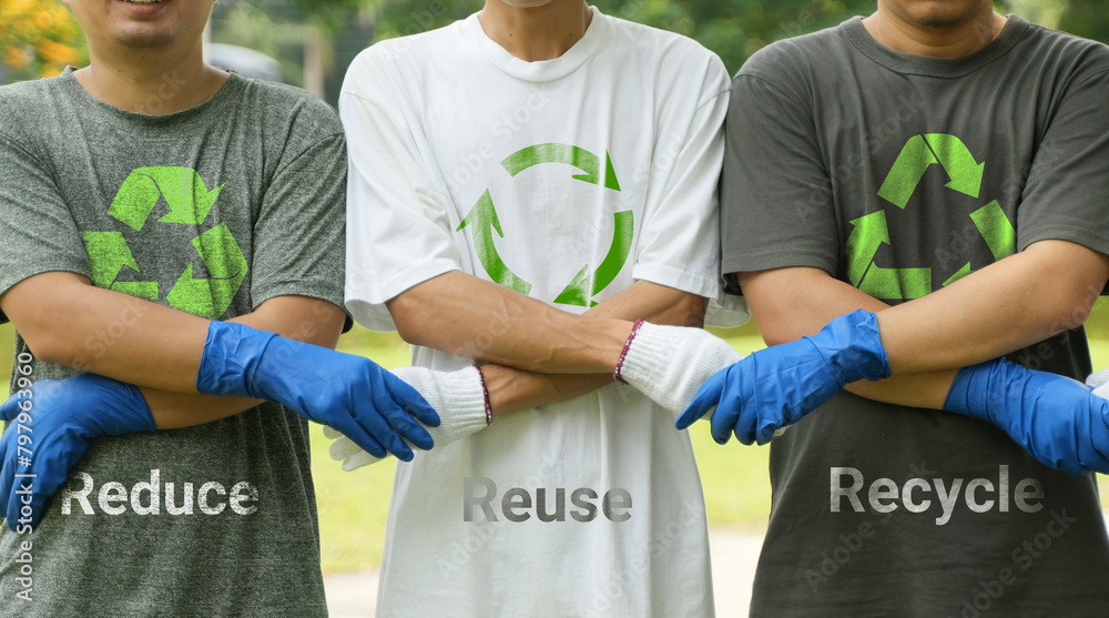 Hands holding hands to reduce, reuse, recycle symbols on green bokeh ...
