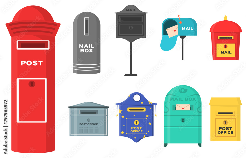 PNG, Vector set of mailboxes, letter boxes, pedestals for sending and ...