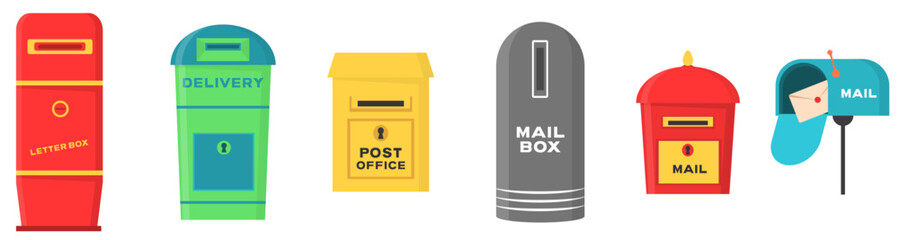 PNG, Vector set of mailboxes, letter boxes, pedestals for sending and receiving letters, correspondence, newspapers, magazines, bills. Set of mailbox for delivery envelopes, parcel in flat style.