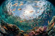 Fisheye lens underwater photography showcasing a vibrant coral reef teeming with schools of colorful fish, capturing the stunning biodiversity and intricate details of the marine ecosystem.