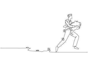 Poster - Single one line drawing businessman running while carrying a piggy bank with coins scattered around. Run to save company assets. Must always be profitable. Continuous line design graphic illustration