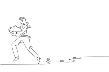 Poster - single one line drawing businesswoman running while carrying a piggy bank with coins scattered aroun